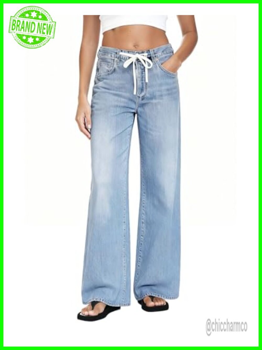 Wide Leg High Rise Baggy Jeans Drawstring Denim Pants Casual Streetwear